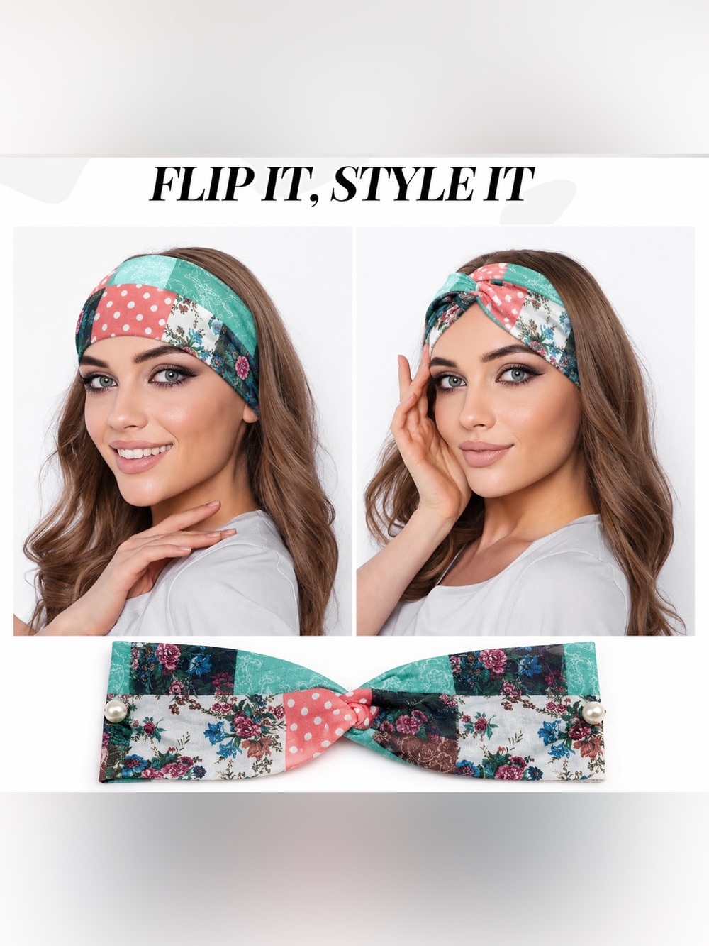 Headband Floral Patchwork Knot Twist Headband Coral Teal w/2 Pearls NWT (only 1)